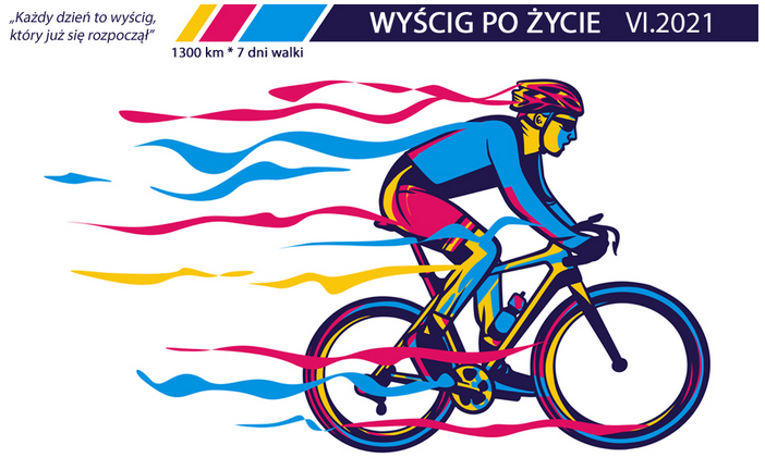 Grafika przedstawiająca rowerzystę oraz napis wyścig po życie.