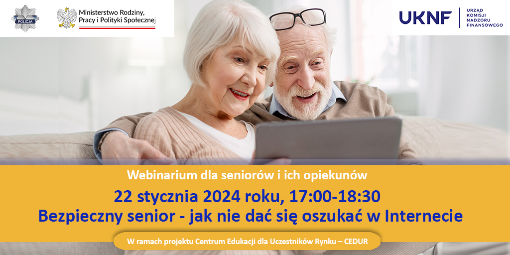 Grafika przedstawiająca seniorów i informacje o webinarium.