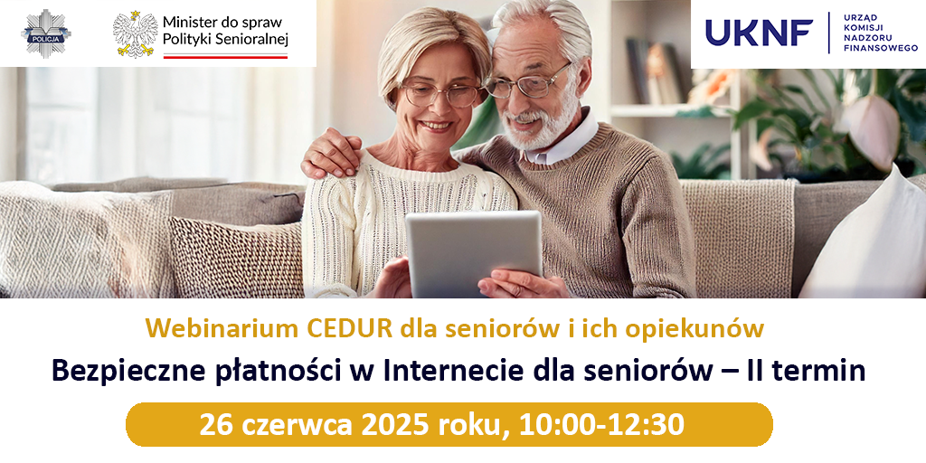 Grafika przedstawiająca seniorów i informacje o webinarium.
