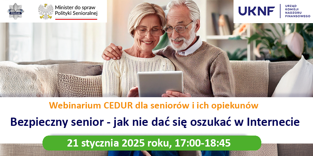 Dwoje seniorów przed ekranem tableta, ogląda coś na nim. Na grafice informacje o webinarium.