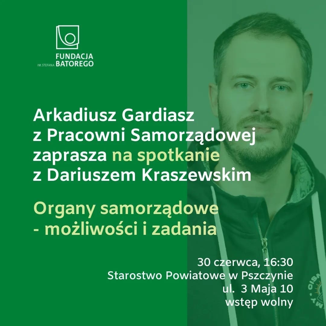 Grafika w zielonej kolorystyce ze zdjęciem w tle Arkadiusza Gardiasza i informacjami o spotkaniu.