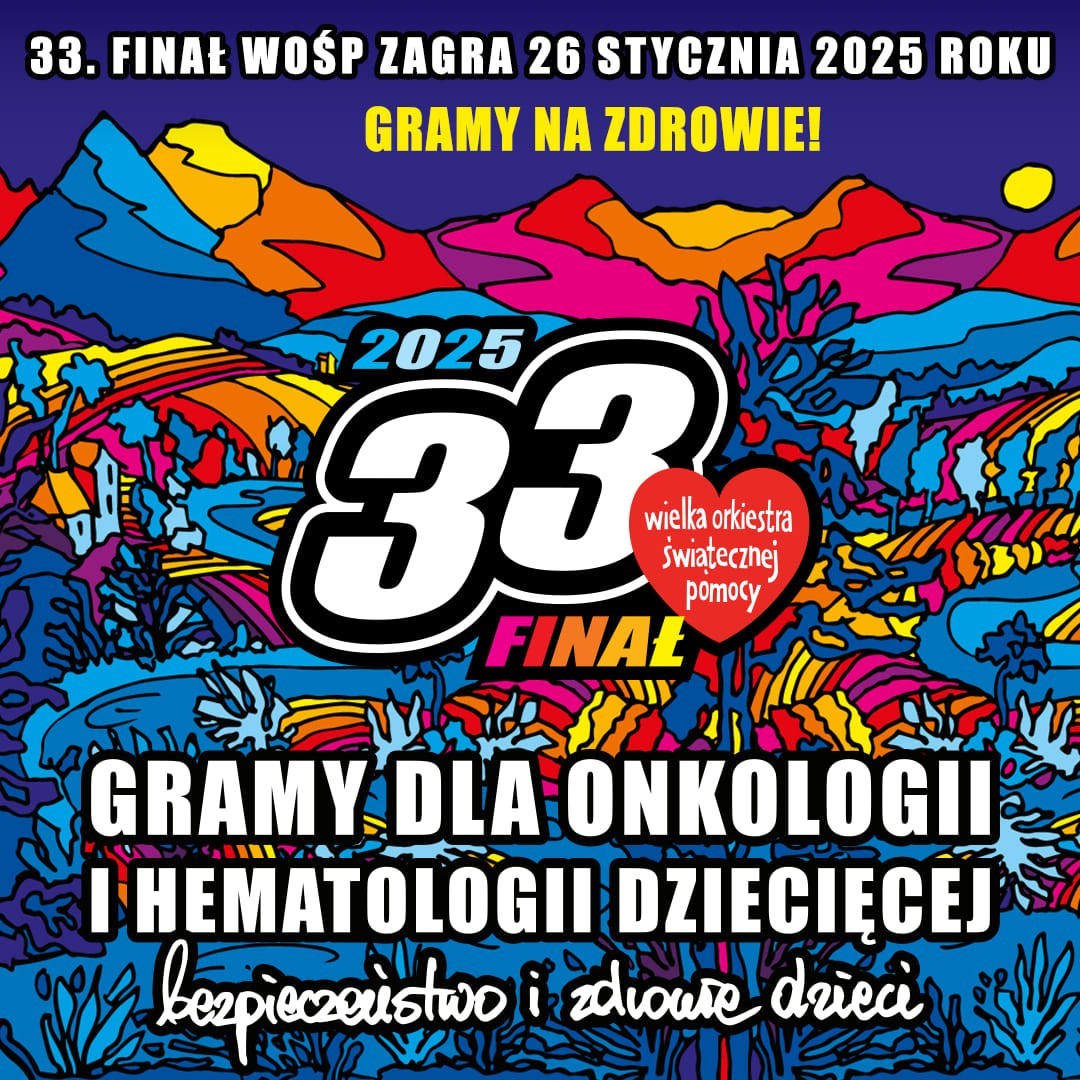 Grafika pokazująca cyfry 33, cała kolorowa, na niej serduszko WOŚP i hasło finału oraz termin.