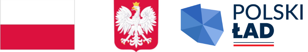 Od lewej: biało-czerwona flaga Polski, godło Polski - biały orzeł na czerwonym tle oraz napis Polski Ład