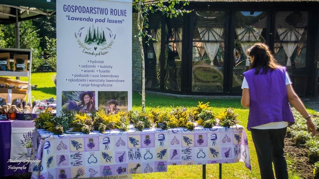 Właścicielka lawendy pod lasem przy swoim namiocie podczas zeszłorocznego święta ziół w skansenie.