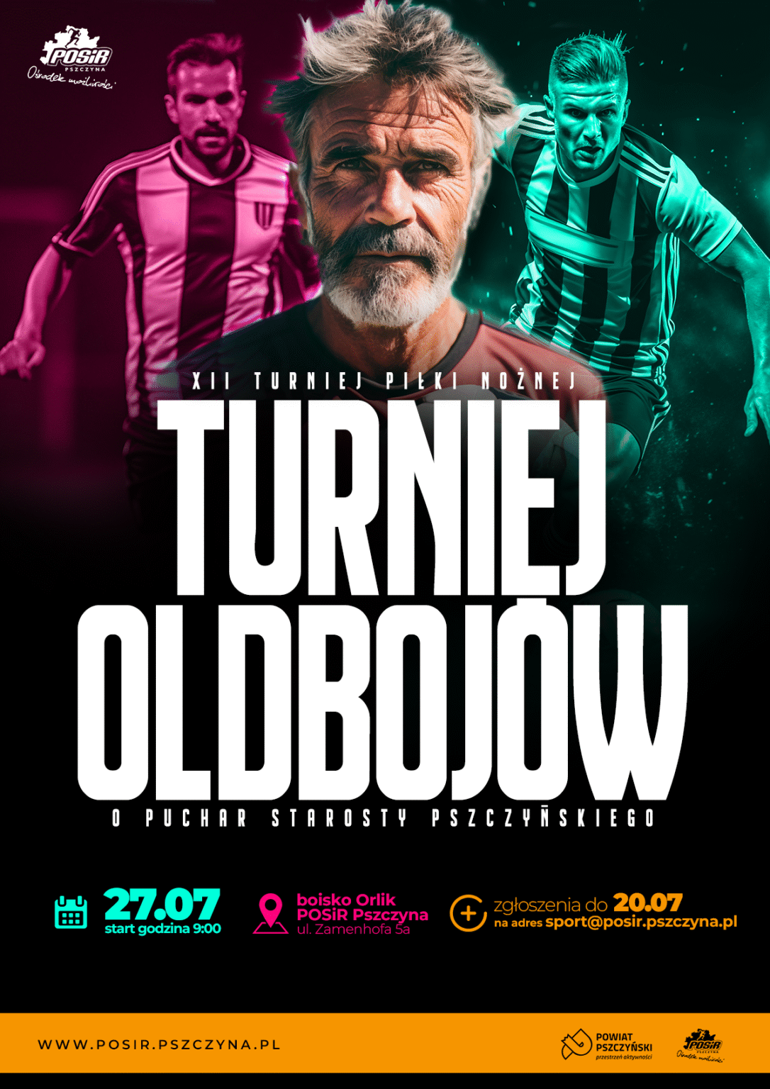 Plakat ze zdjęciem piłkarzy i informacjami o turnieju.
