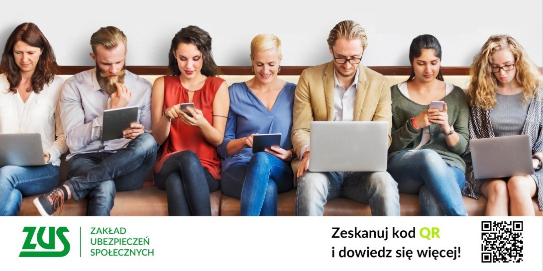 Kilka osób siedzących obok siebie. Korzystają z telefonów, laptopów i tableta.