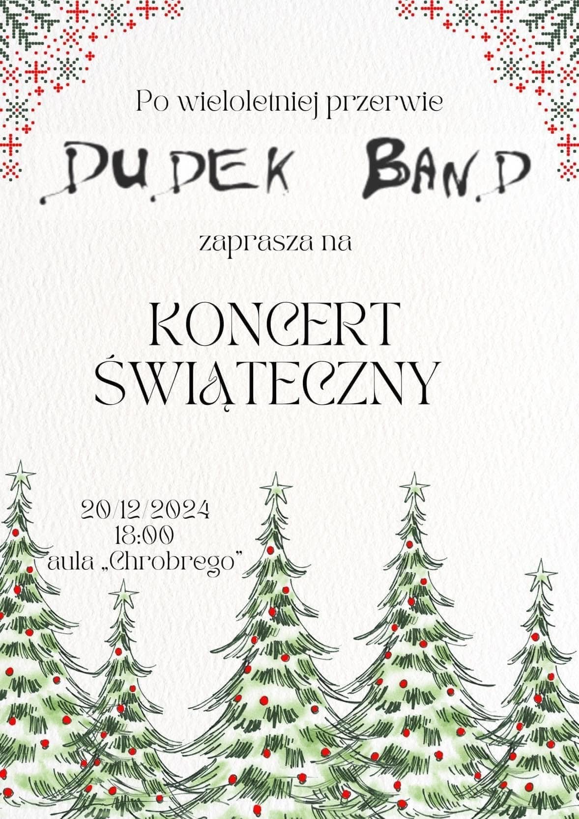 Plakat świąteczny z choinkami z informacją o koncercie.