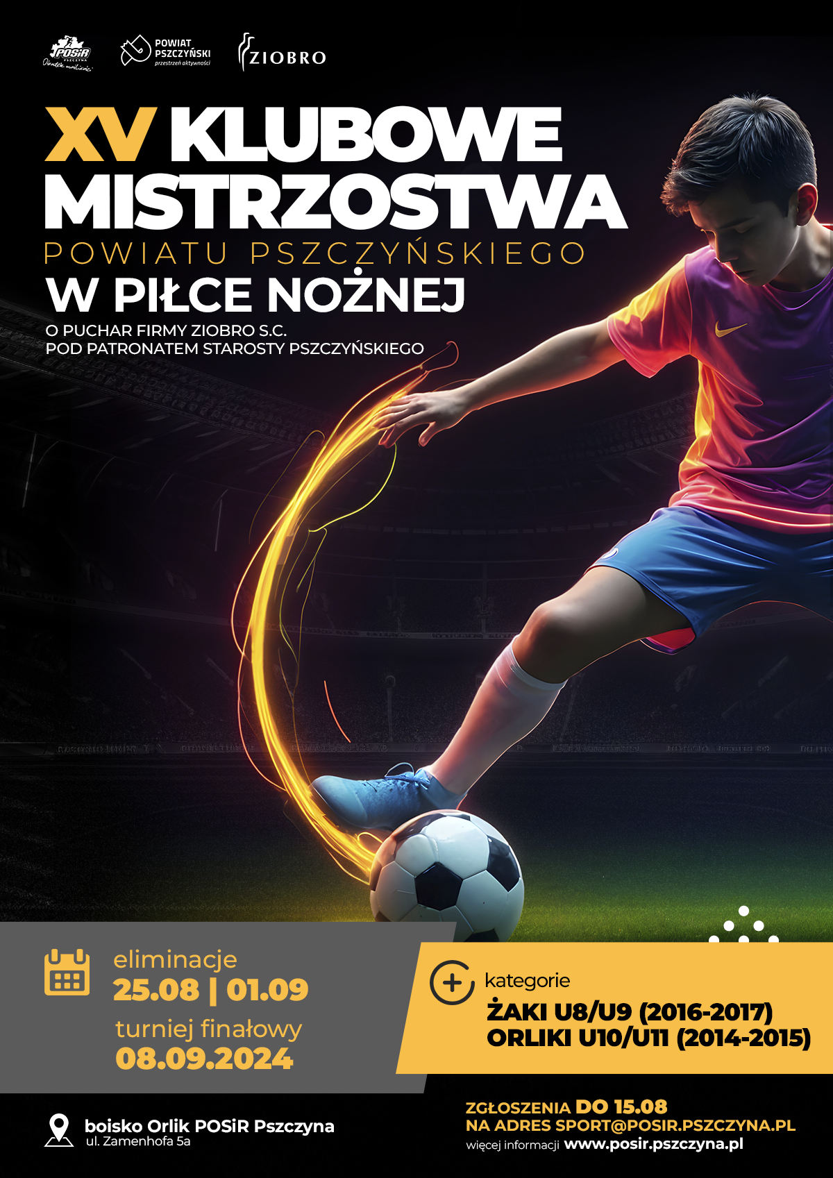 Plakat przedstawiający młodego piłkarza.