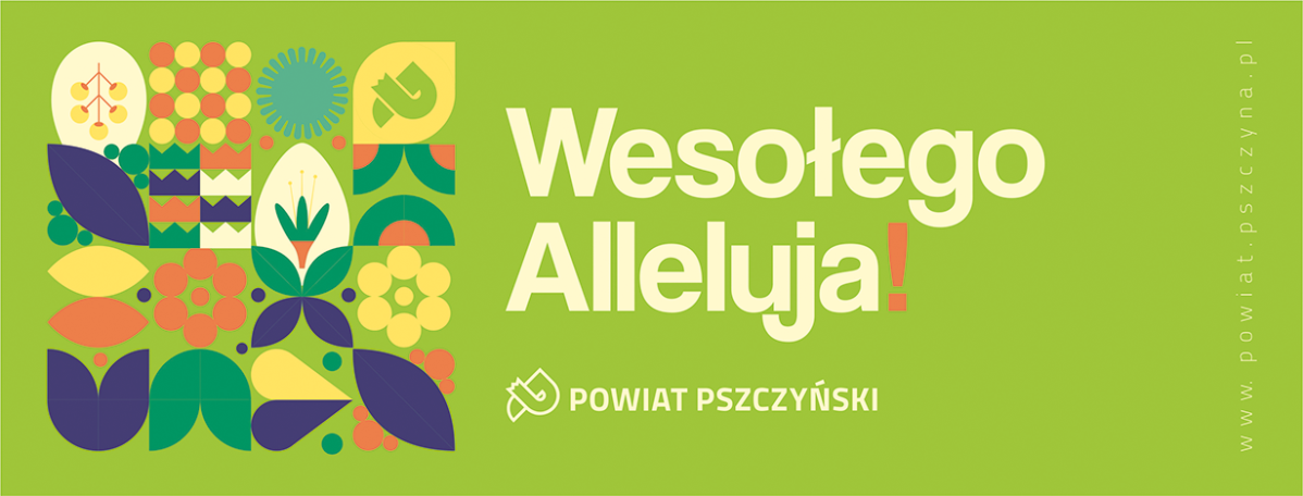 grafika świąteczna na zielonym tle napis wesołego alleluja oraz ekolorowe świąteczne elementy