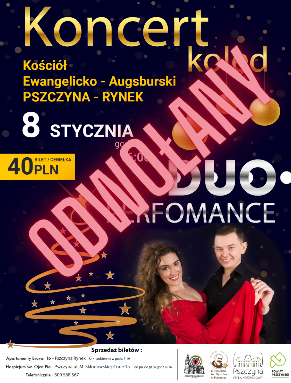 Plakat zapowiadający koncert, na nim czerwony napis drukowanymi literami: odwołany