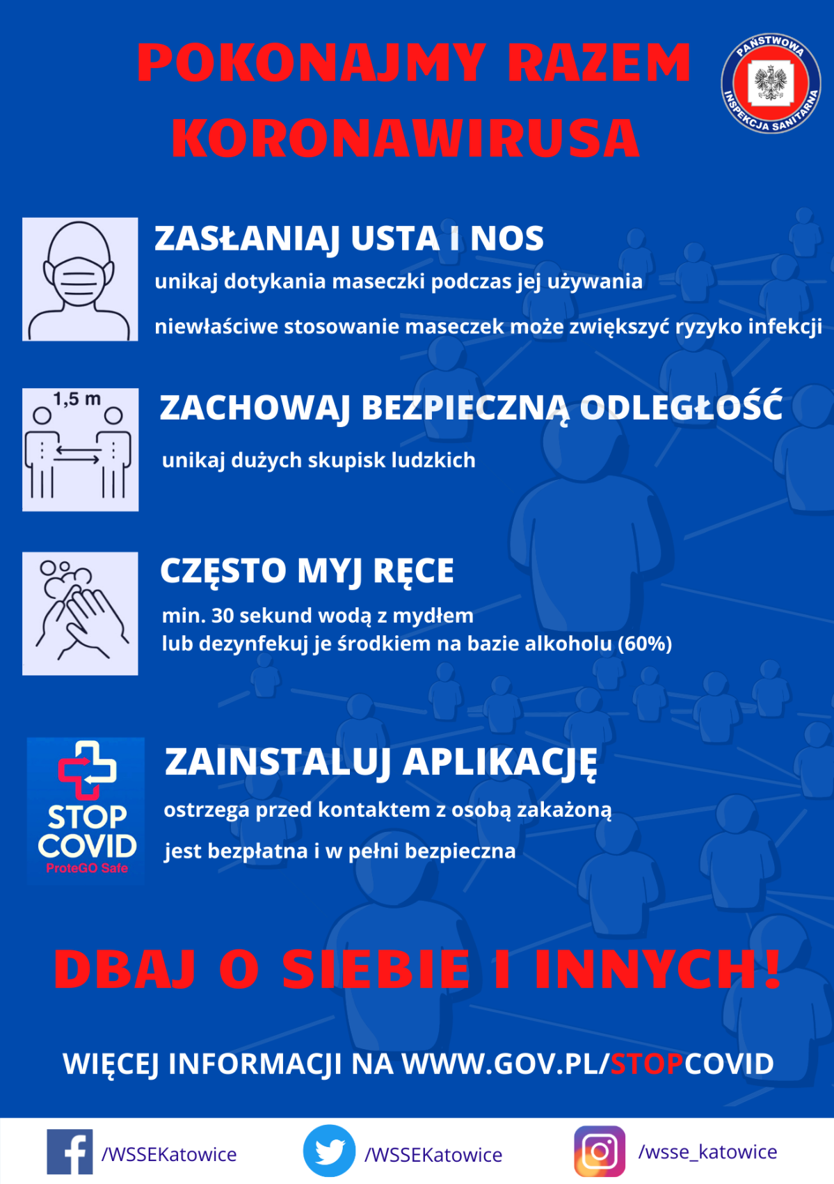 Plakat informacyjny na niebieskim tle. Pokonajmy razem koronawirusa.