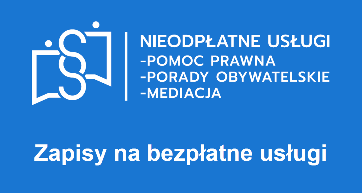 Grafika niebieska z napisem o nieodpłatnych poradach i zapisach internetowych.