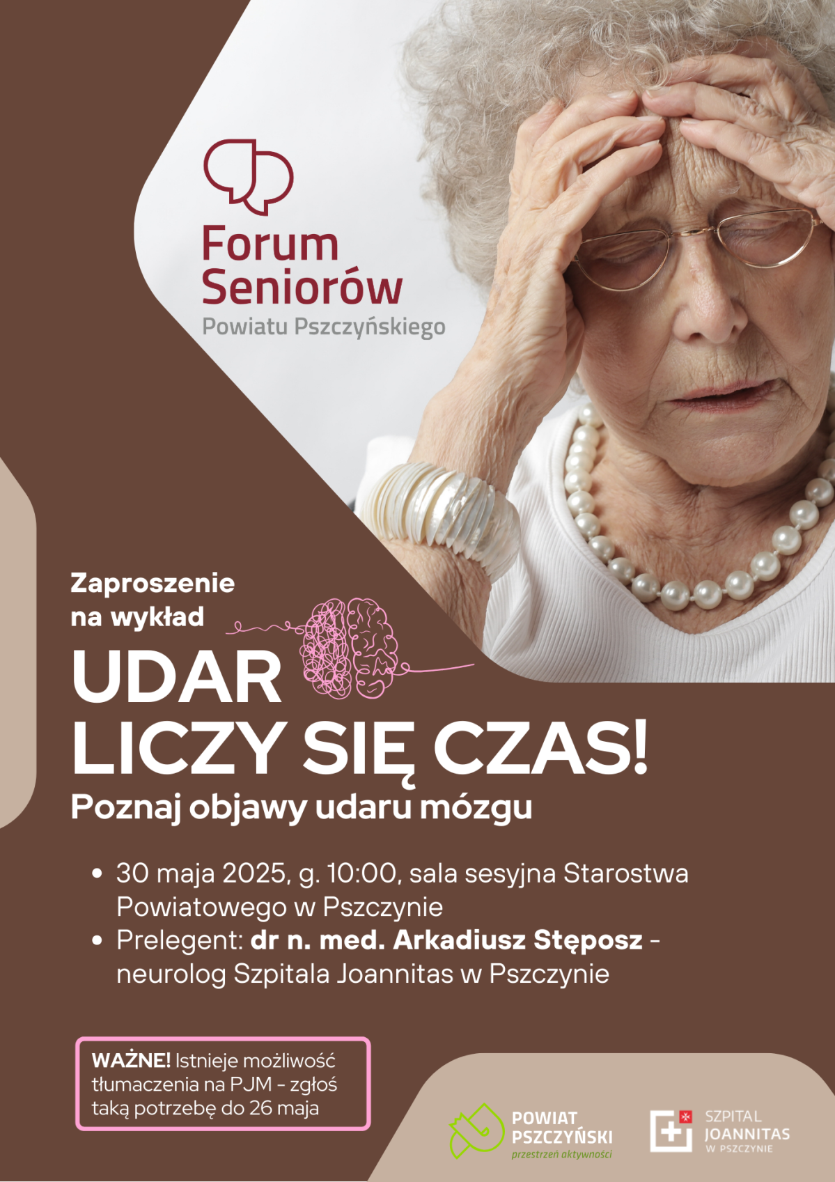 Kobieta trzyma się za głowę, plakat z informacją o wykładzie, treść w tekście.