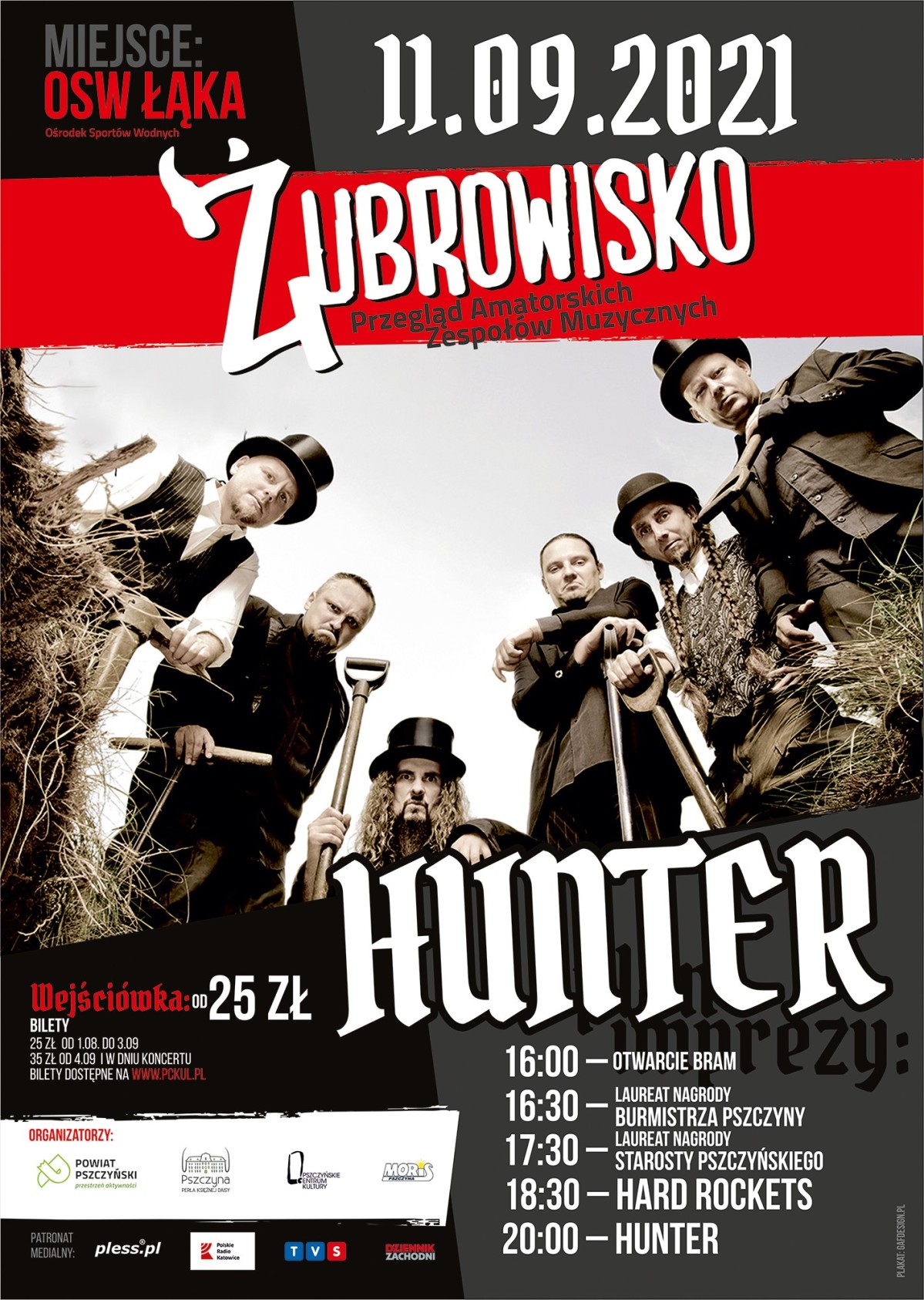 Plakat promujący finał Żubrowiska ze zdjęciem zespołu Hunter oraz harmonogramem imprezy