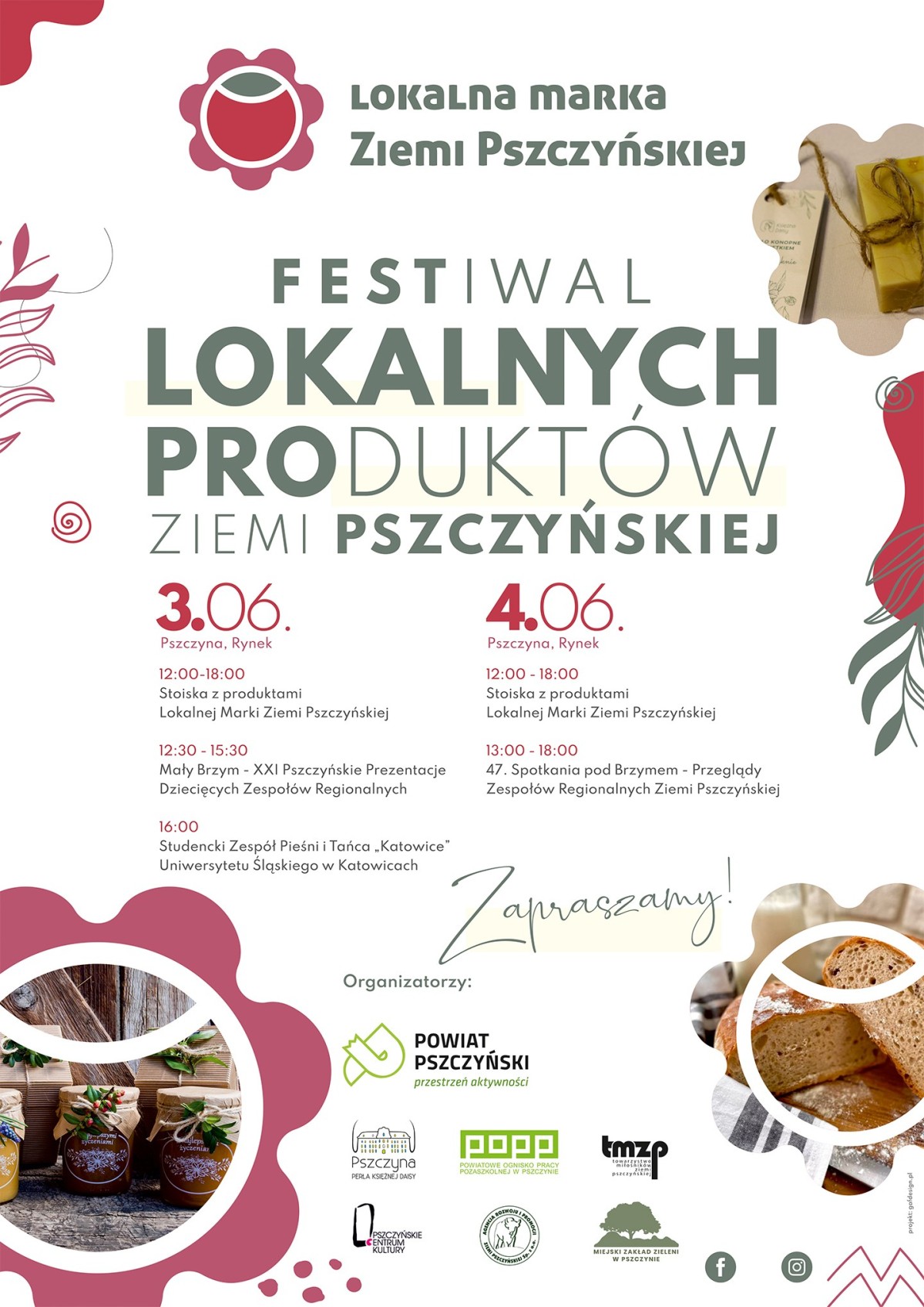 Plakat o festiwalu lokalnych produktów z harmonogramem, dostępnym w treści.