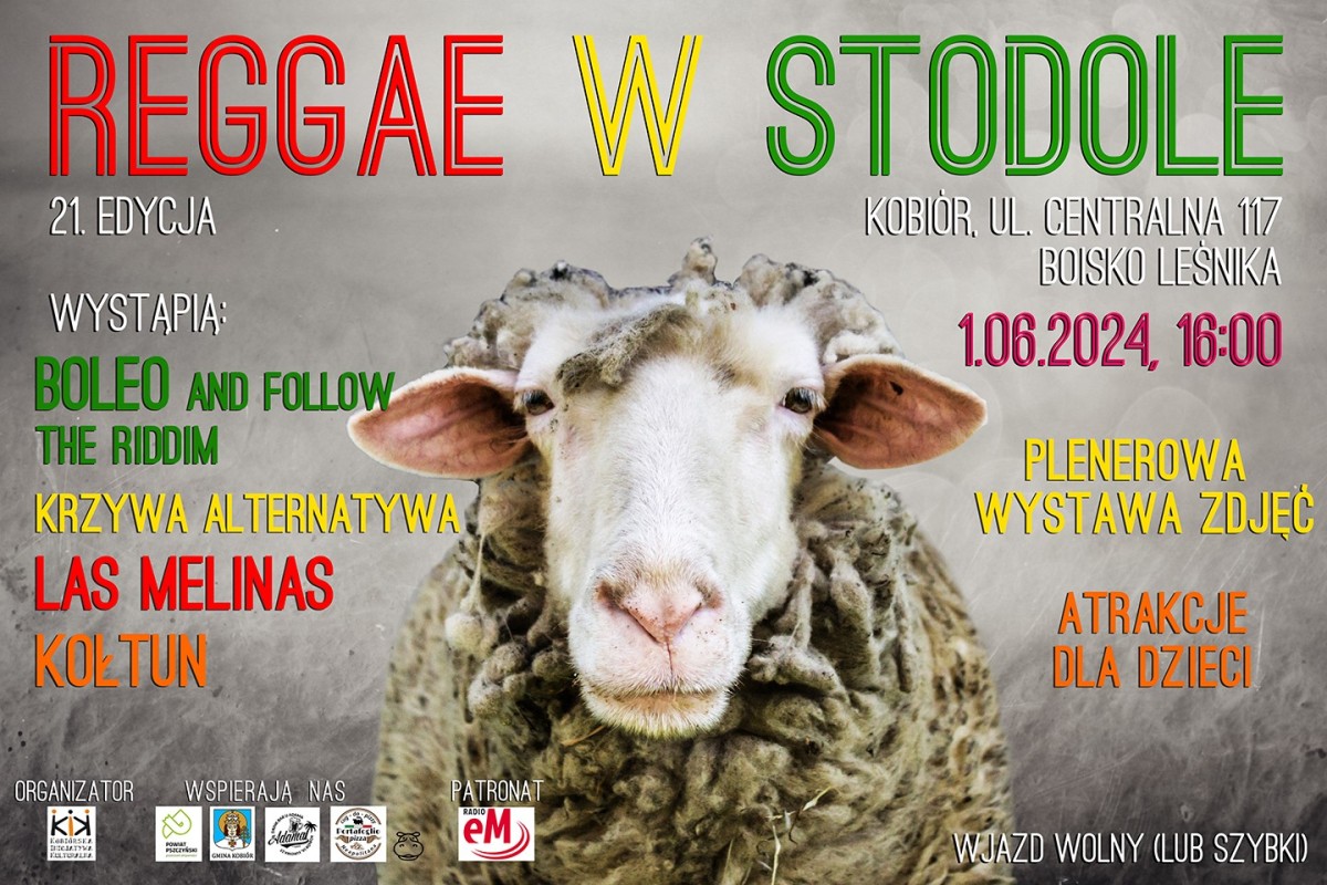 plakat informujący o wydarzeniu Reagge w stodole. Na głównym tle zdjęcie barana