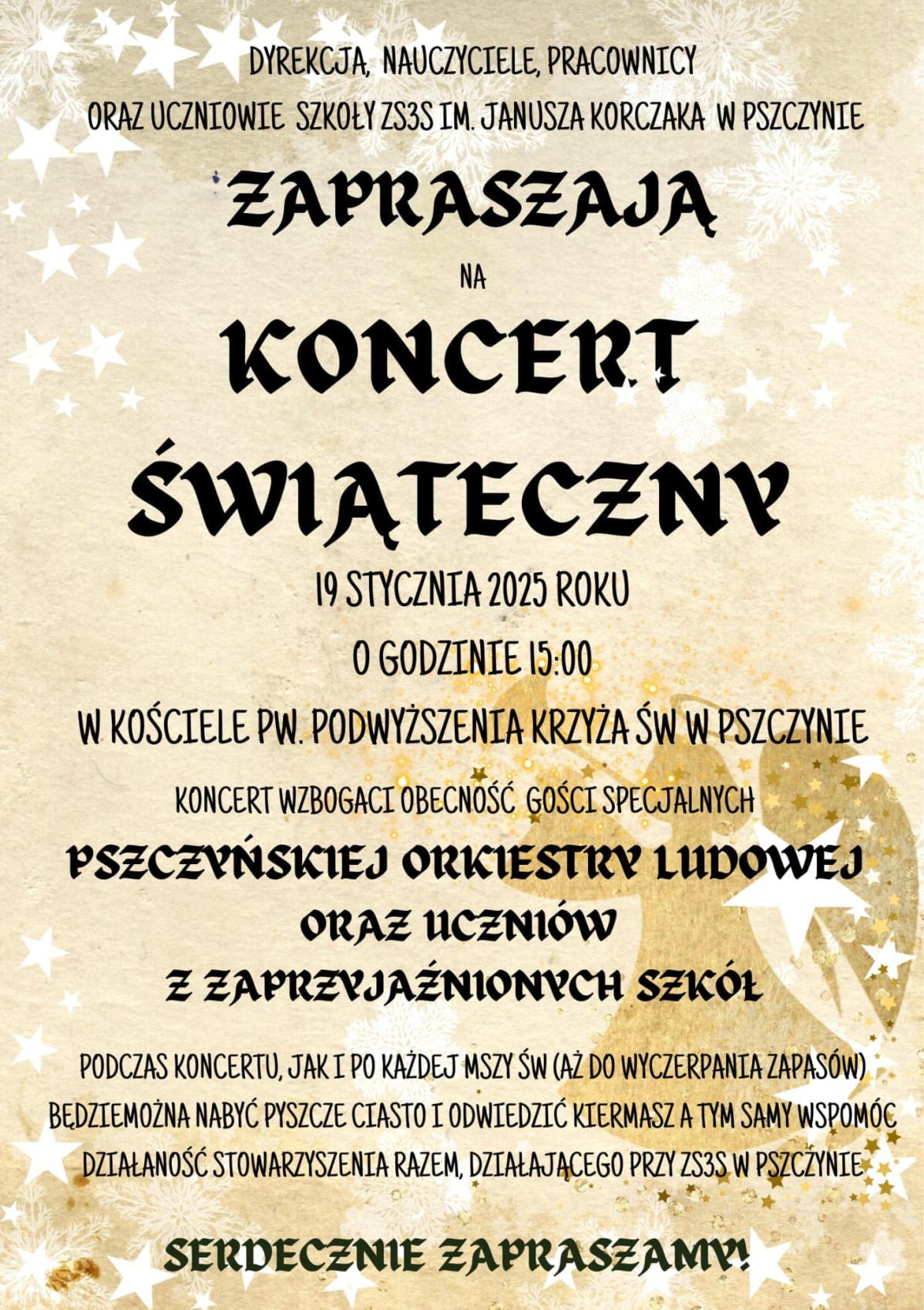 Żółty plakat z informacjami o koncercie, treść w tekście.