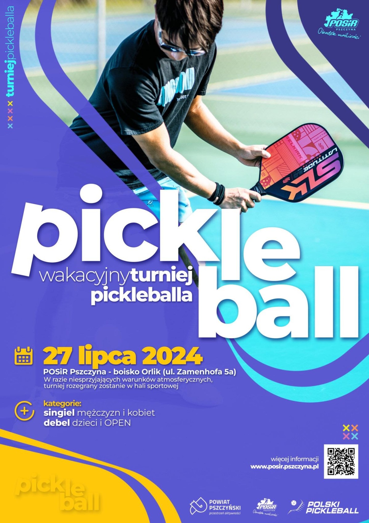Plakat z paletką do pickleballa i informacjami, treść w tekście.