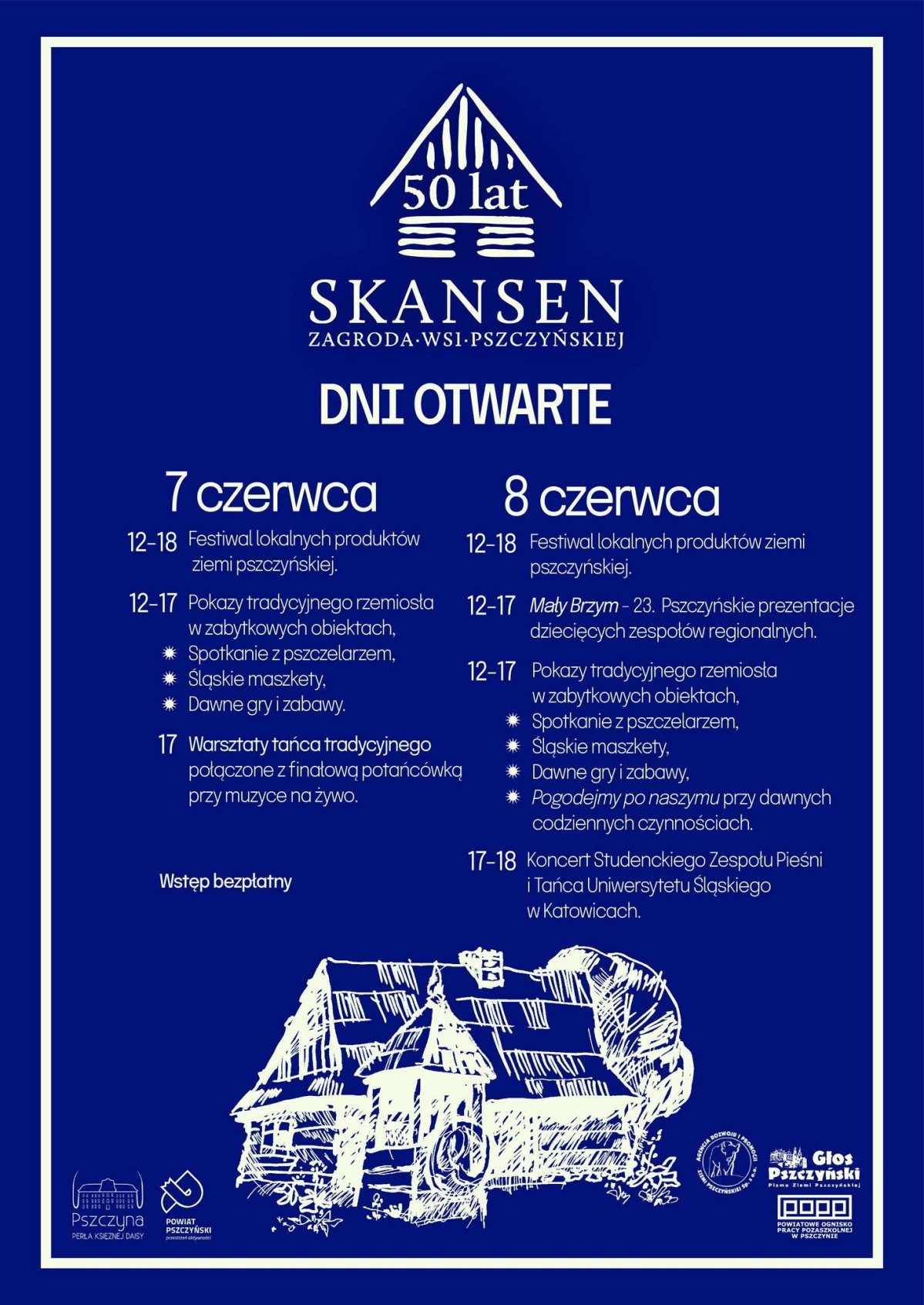 Plakat informujący o wydarzeniach w ramach Dni Otwartych skansenu.