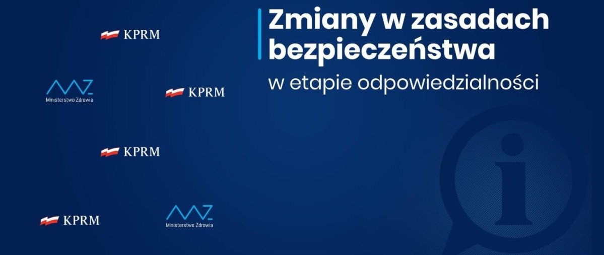 Plakat na niebieskim tle z białym napisem: Zmiany w zasadach bezpieczeństwa w etapie odpowiedzialności.
