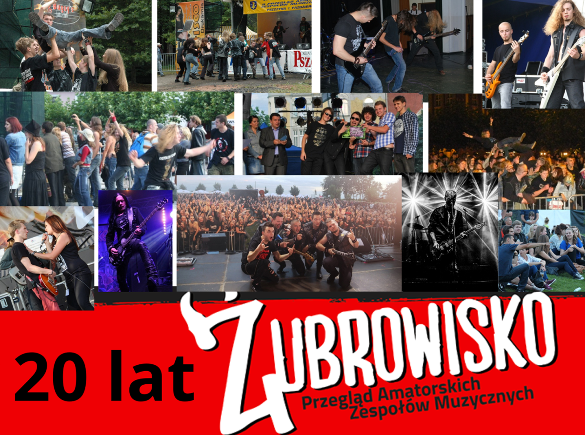 kolaż zdjęć z kolejnych edycji żubrowiska oraz napis żubrowisko 20 lat