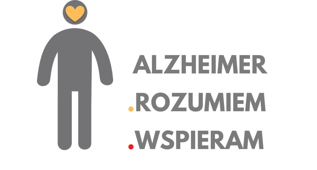 Grafika przedstawiająca kontur człowieka z pomarańczowym sercem na głowie. Napis: Alzheimer - rozumiem - wspieram