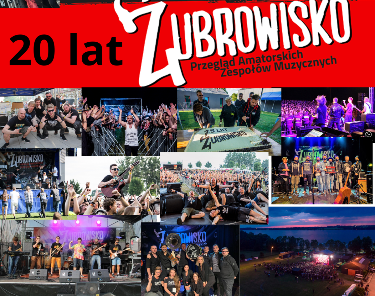 kolaż zdjęć z kolejnych edycji żubrowiska oraz napis żubrowisko 20 lat