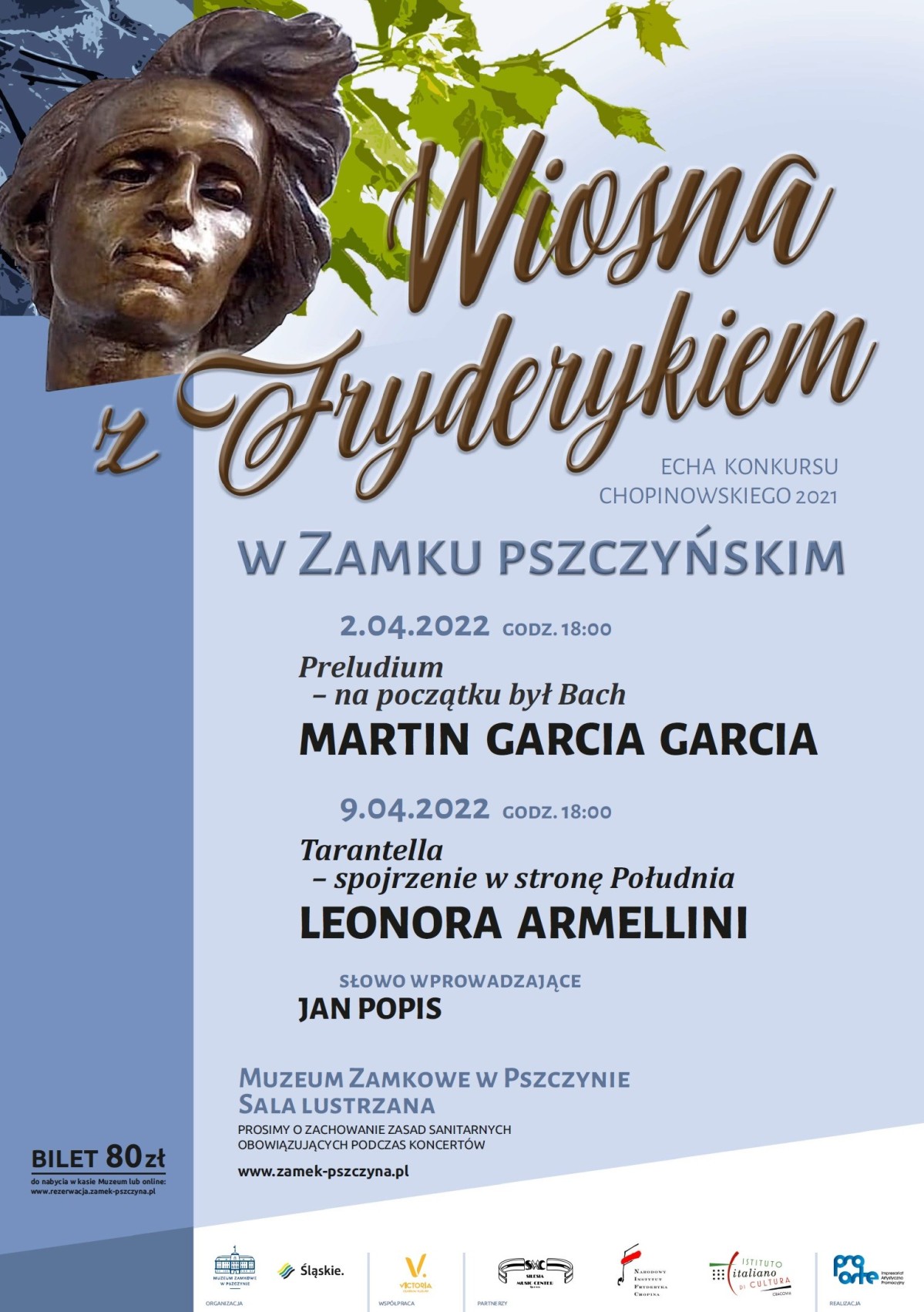 Plakat z informacjami o koncertach w zamku pszczyńskim.