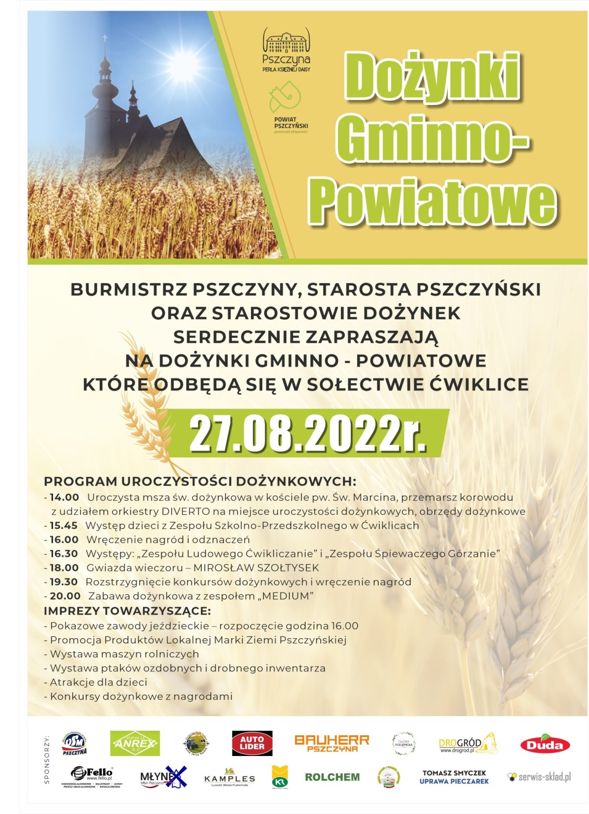 Plakat z programem dożynek oraz zdjęciem drewnianego kościoła w Ćwiklicach