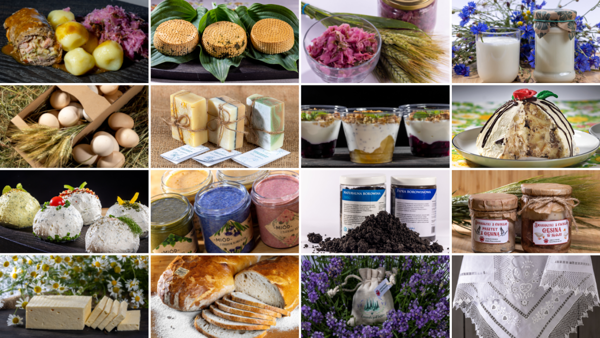 Kolaż zdjęć produktów certyfikowanych Lokalną Marką Ziemi Pszczyńskiej