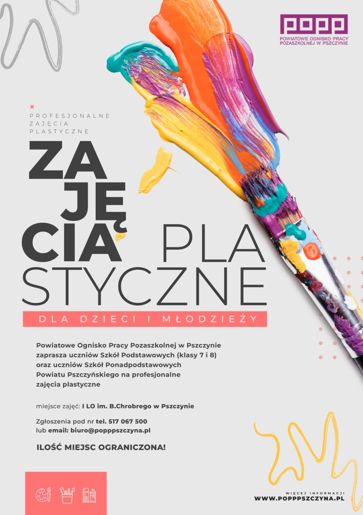 Plakat informujący o zajęciach plastycznych.