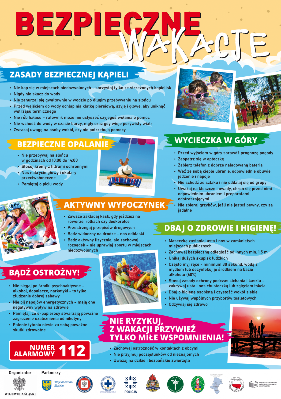 Plakat opisuje zasady spędzenia bezpiecznych wakacji.