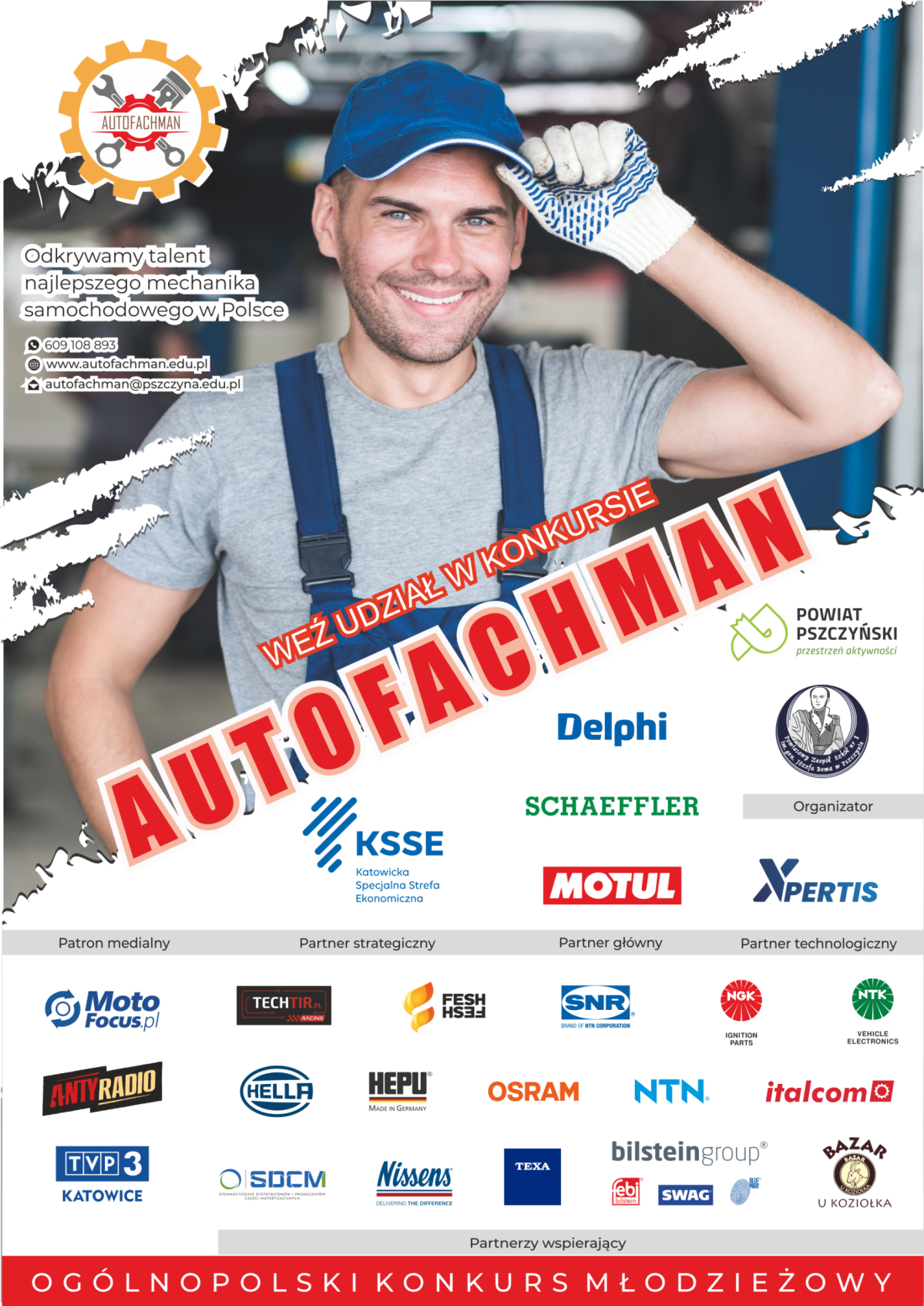 Plakat konkursu Autofachman, z logami partnerów wypisanymi w tekście.