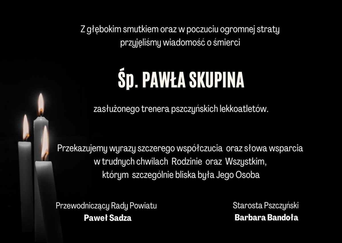 Grafika na czarnym tle z trzema palącymi się świeczkami i treścią kondolencji.