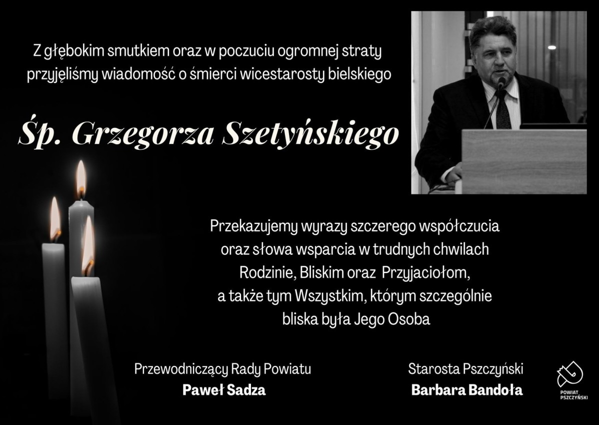 Grafika na czarnym tle z trzema palącymi się świeczkami i zdjęciem zmarłego.