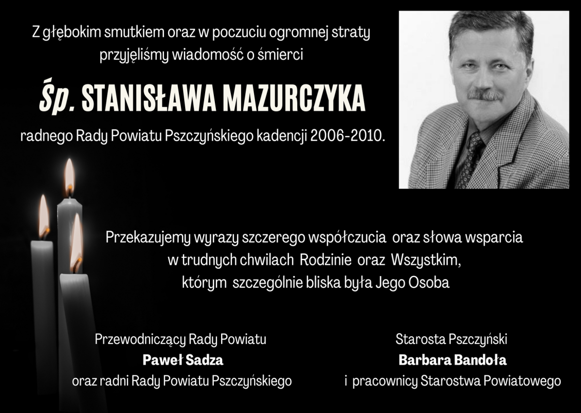 Grafika na czarnym tle z trzema palącymi się świeczkami i zdjęciem zmarłego.