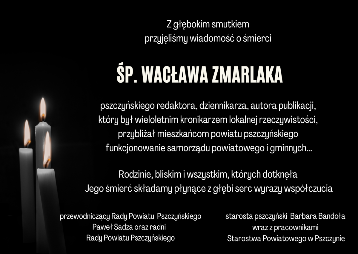 Czarna grafika ze świeczkami i tekstem kondolencji dostępnym na stronie.