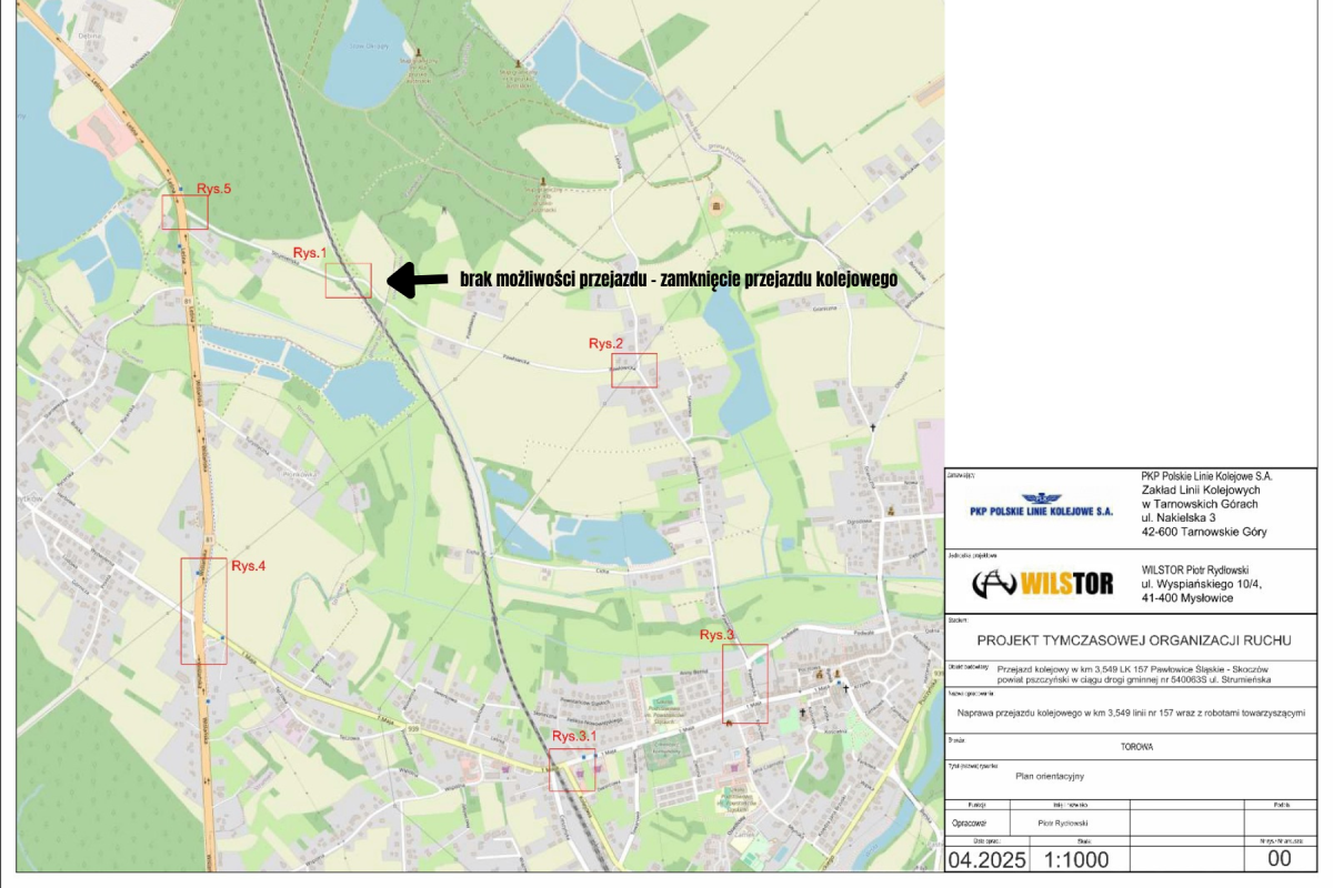 Mapa z wyznaczonym miejscem zamknięcia przejazdu.