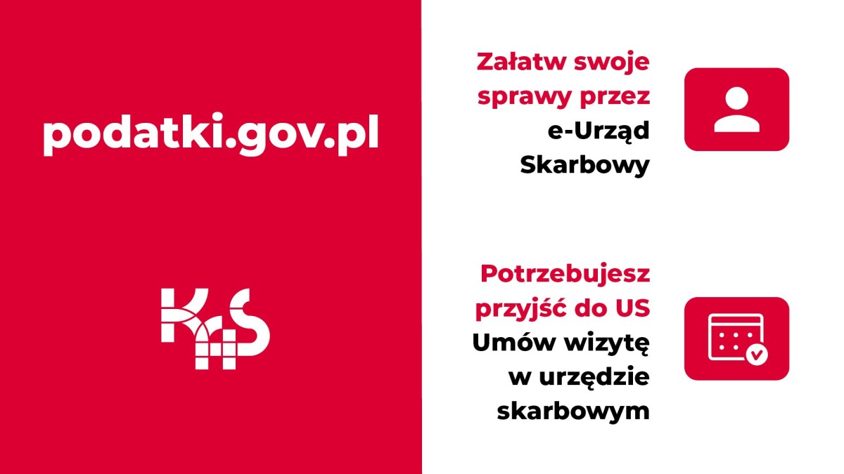 Czerwono-biała grafika promująca załatwianie spraw przez e-Urząd Skarbowy.