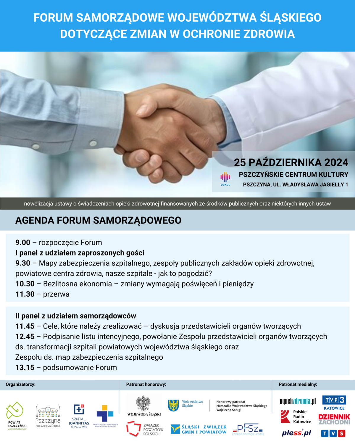 Grafika, zdjęcie ściskających się dłoni, loga, informacje o wydarzeniu