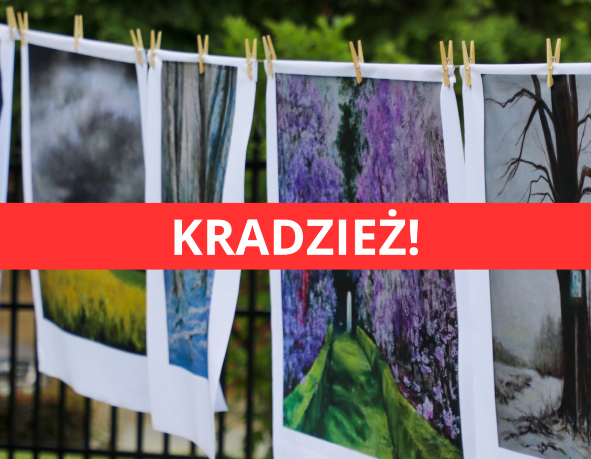 Obrazy na sznurze. Na środku napis na czerwony tle: Kradzież.