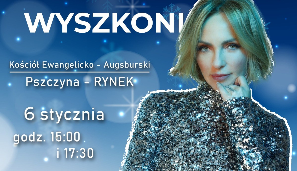 Wokalistka w cekinowej bluzce, plakat z niebieskim tłem, na nim informacje z godzinami i datą koncertu.