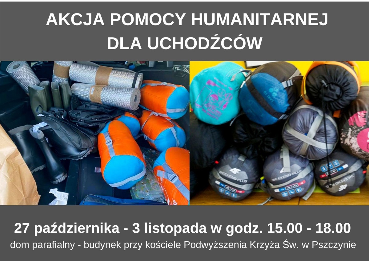 Dwa połączone zdjęcia ze śpiworami i butami oraz informacje o czasie trwania akcji humanitarnej.