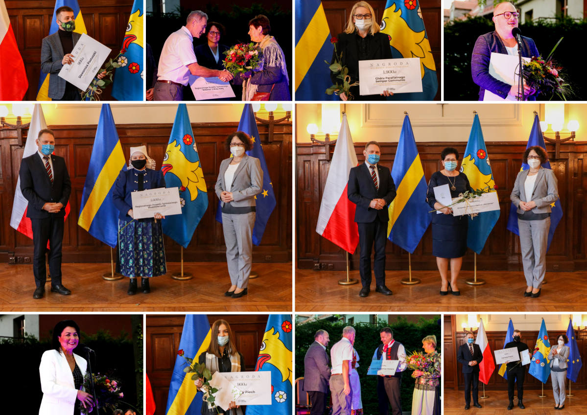 Kolaż zdjęć z laureatami nagród w dziedzinie kultury.