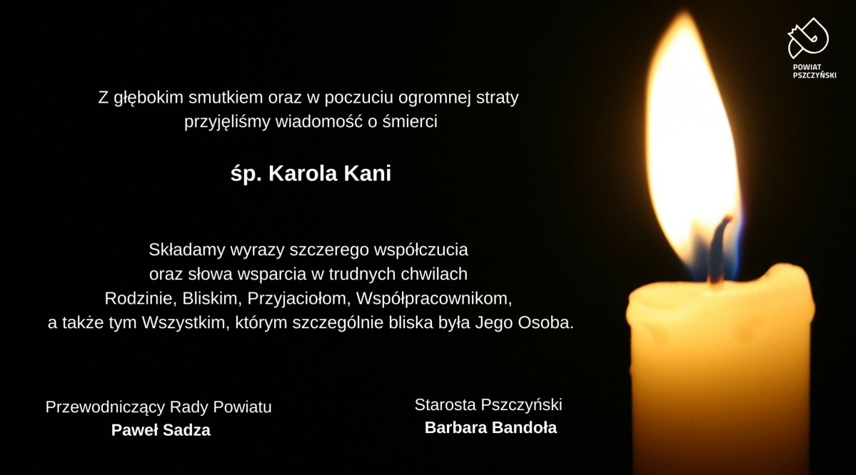 Na czarnym tle treść kondolencji i paląca się świeczka.
