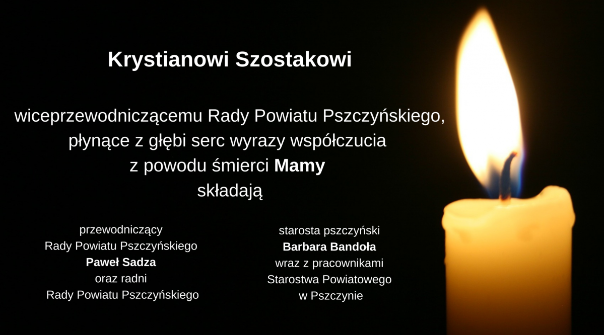 Grafika z tekstem kondolencji i płonącą świecą.