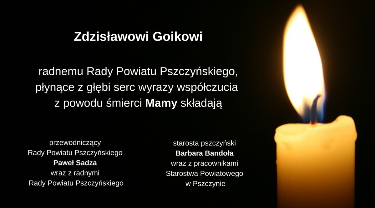Grafika z tekstem kondolencji i płonąca świecą.