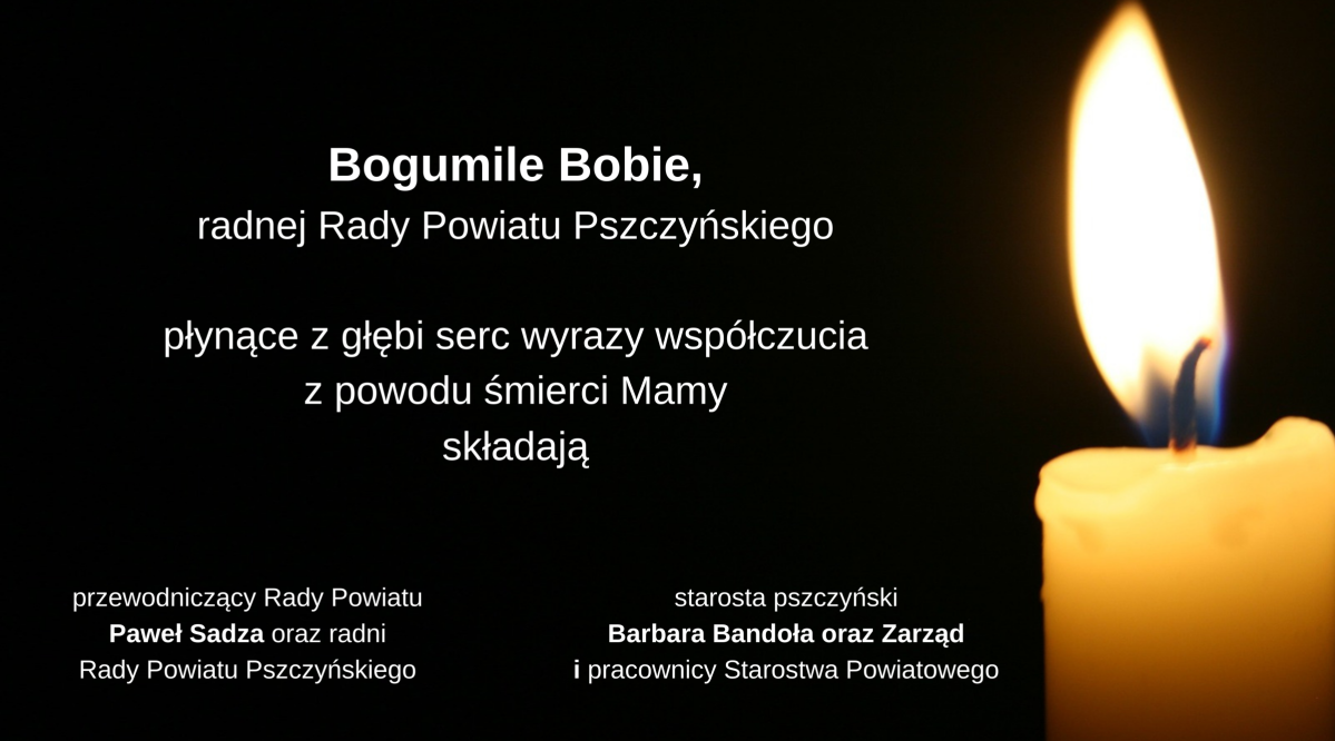 Czarna grafika ze świecą i białym tekstem kondolencji.