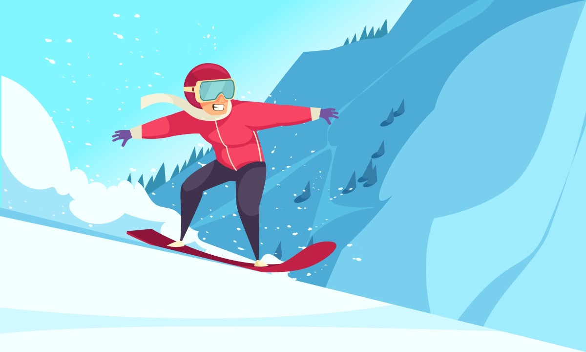 Grafika z osobą jadącą na snowbordzie.