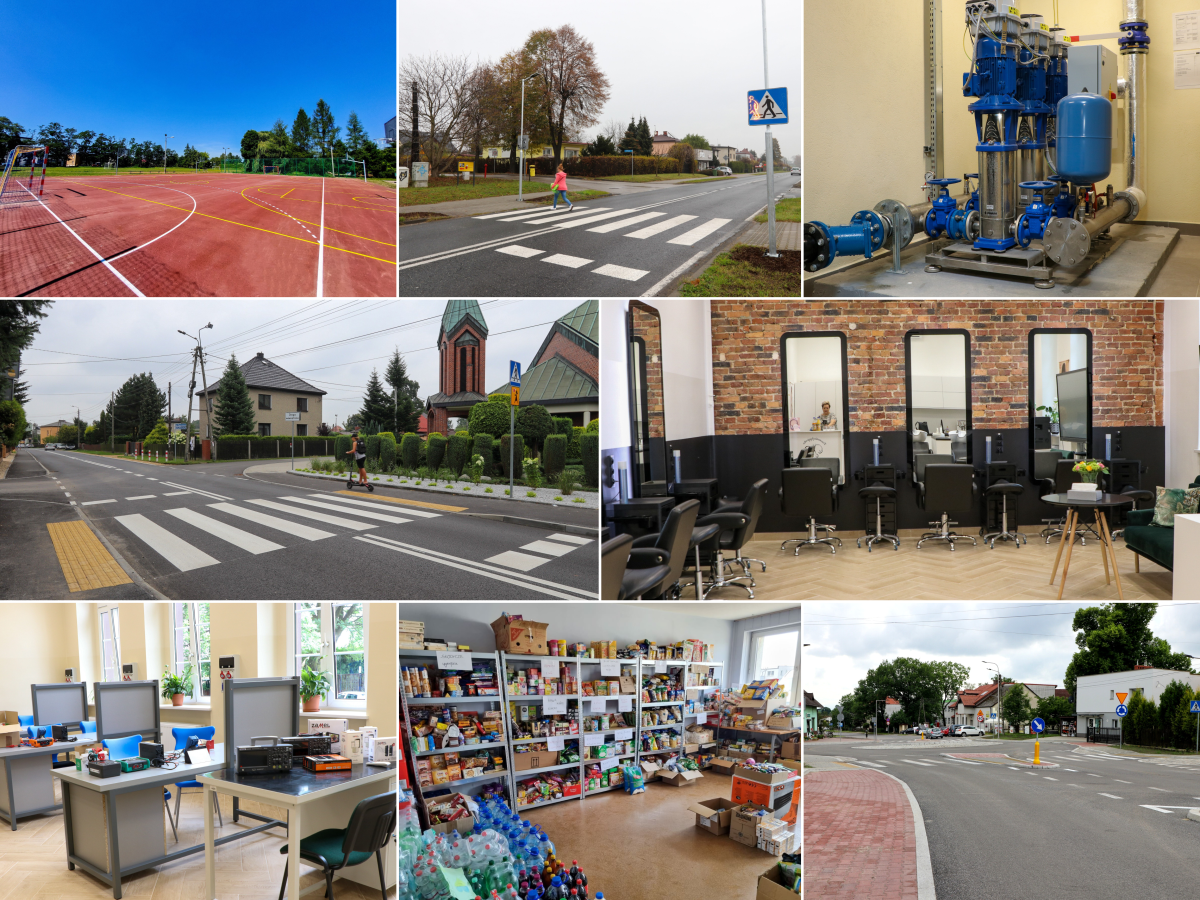 Grafika przedstawiająca kilka zdjęć, inwestycje wykonane w 2022 roku m.in nowe pracownie, wyremontowane drogi, market pomocy.
